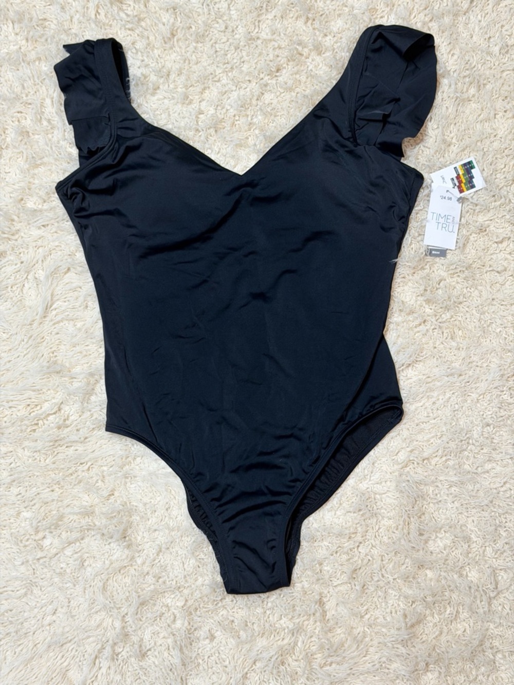 NWT time&tru Black One-Piece Swimsuit with Ruffle Straps